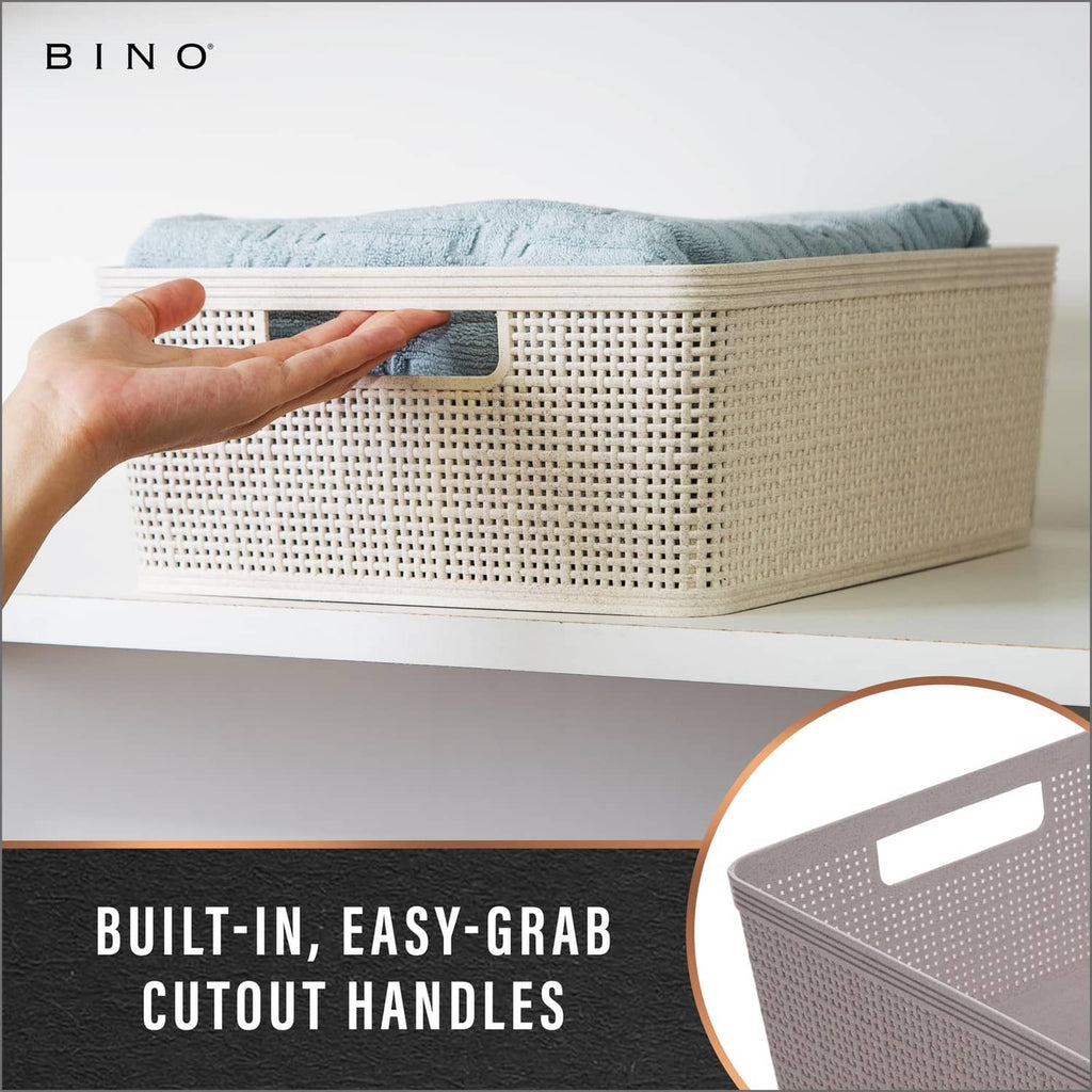 Natural woven plastic storage basket with built-in easy-grab cutout handle, open top