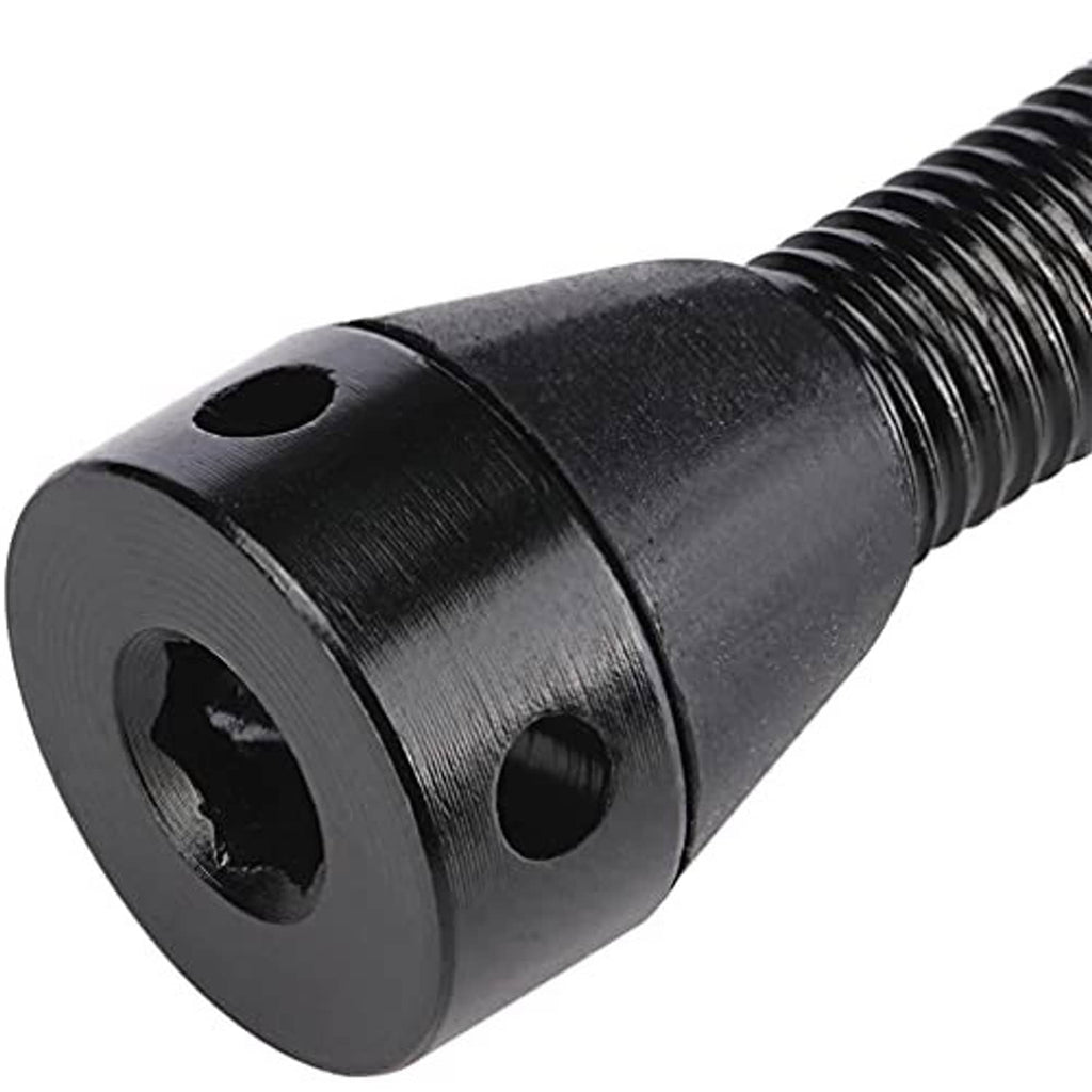 Close-up of black tubeless valve stem base with mounting holes and threads