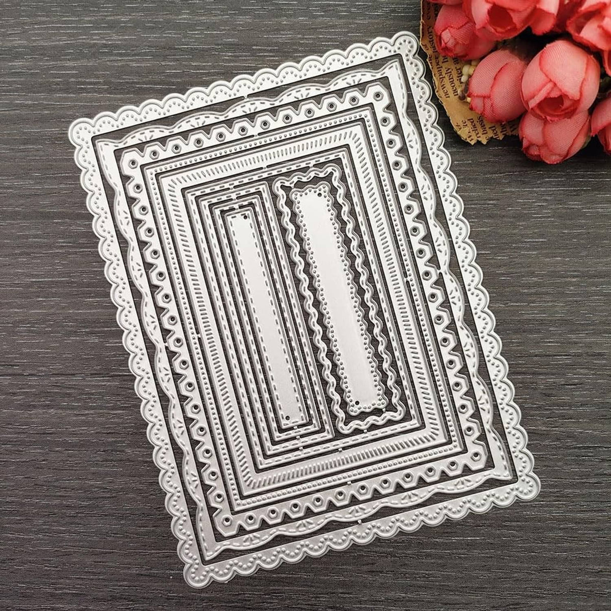 Nested rectangle frame cutting dies with scalloped frame edge and inner cutout rectangle