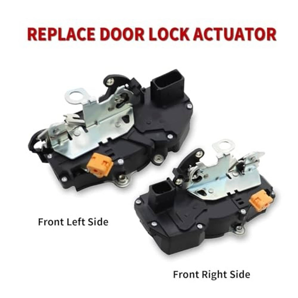 Front left and front right door lock actuators with metal latch plates and orange clips