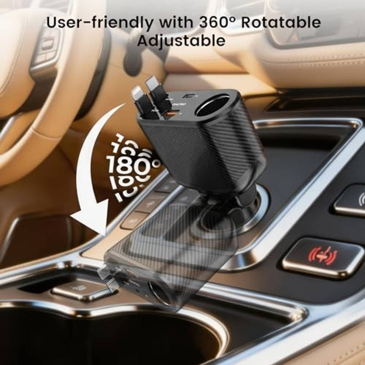 Retractable car charger adapter on center console with retractable connector and blue power ring
