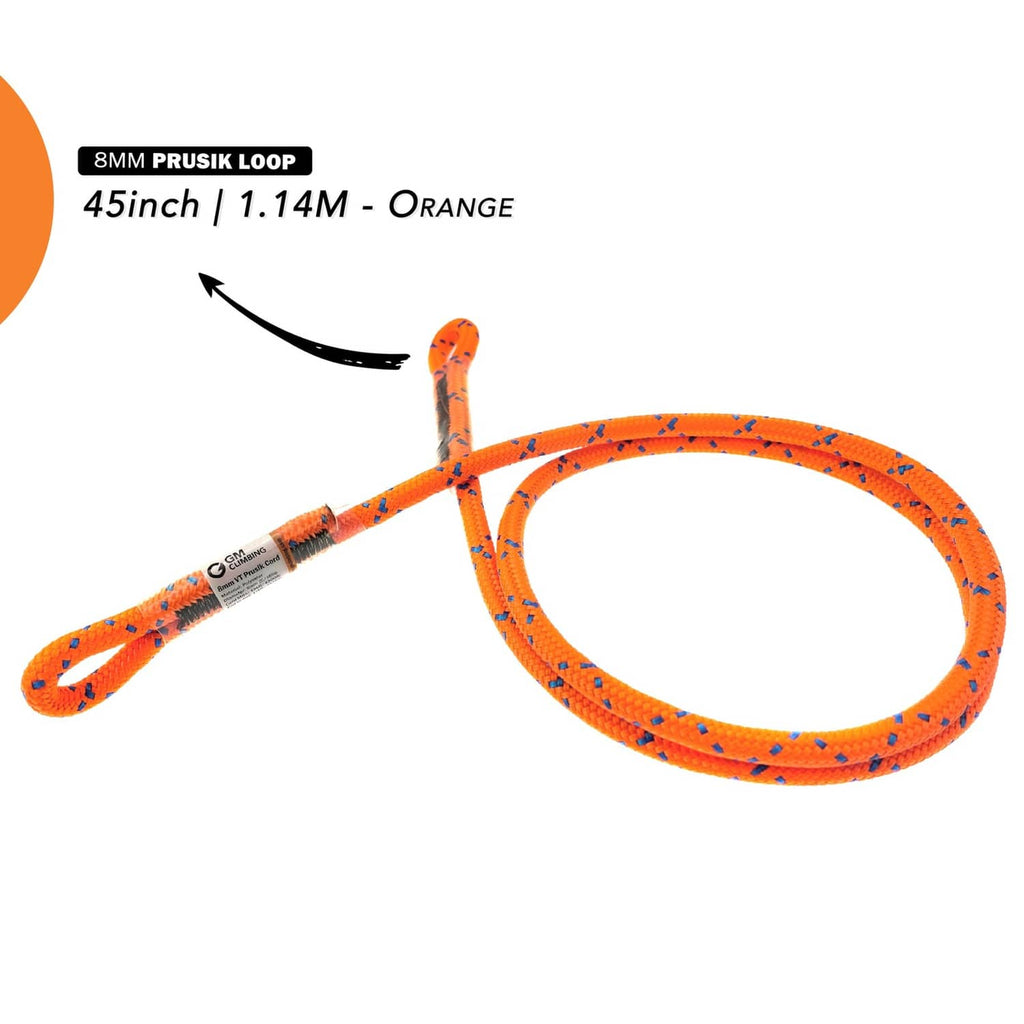 Orange double-braid prusik loop with sewn eye ends, braided climbing cord