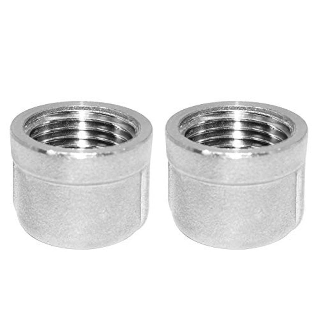 Stainless steel pipe plug caps with open threaded ends, NPT female thread bores, pair