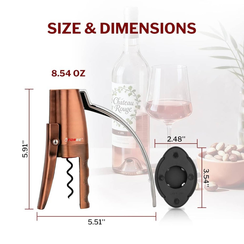 Compact wine opener set: copper lever corkscrew with black base and curved arm