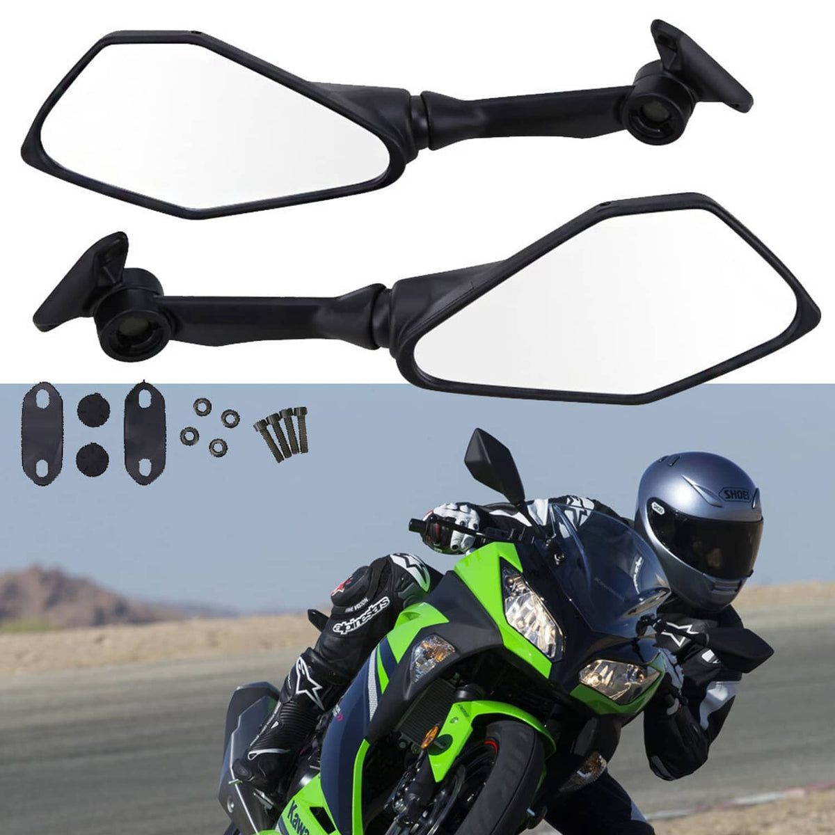 Black motorcycle rearview mirrors, pair with mounting hardware and screws