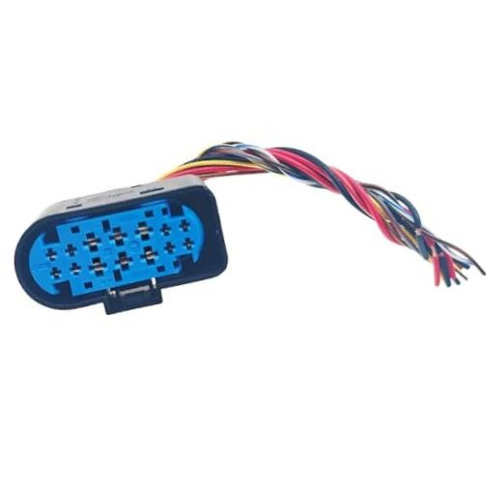 14-pin headlight connector pigtail plug with blue housing and multicolor wire leads
