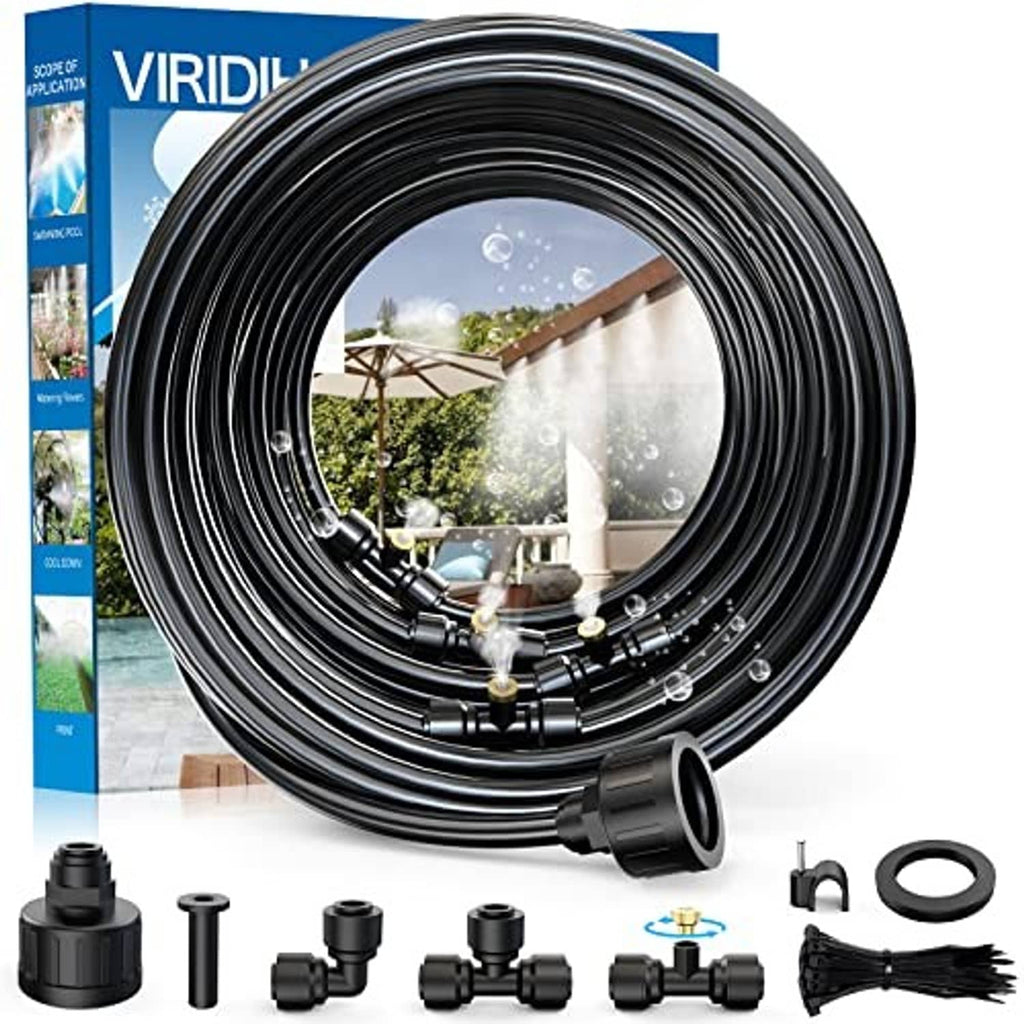 Black coiled outdoor misting tubing set with nozzles, connectors, and seals