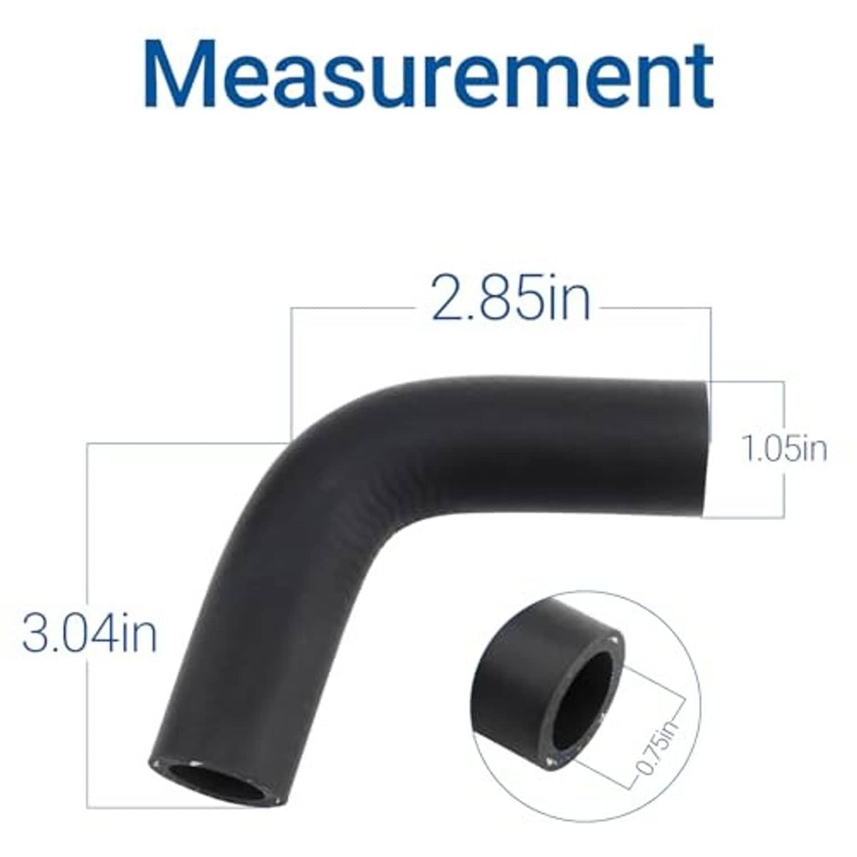 Black molded hose elbow with measurement callouts and circular openings