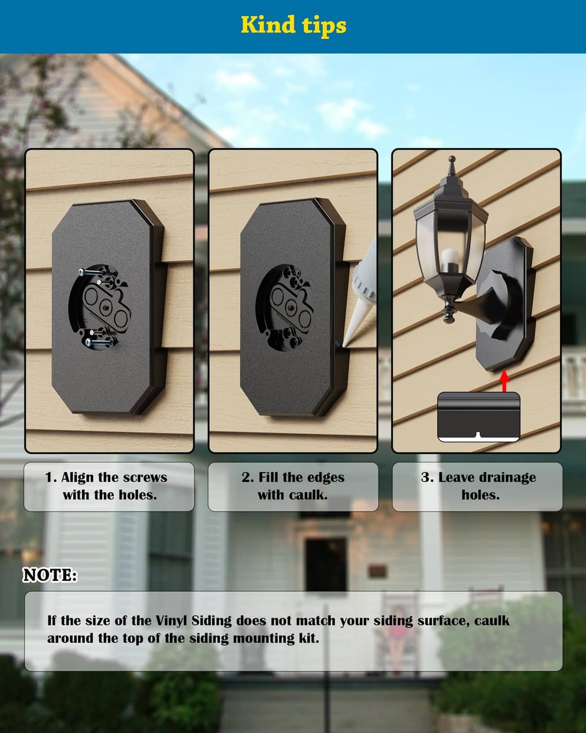 Black octagonal mounting block shown on beige vinyl siding surface, with mounting plate