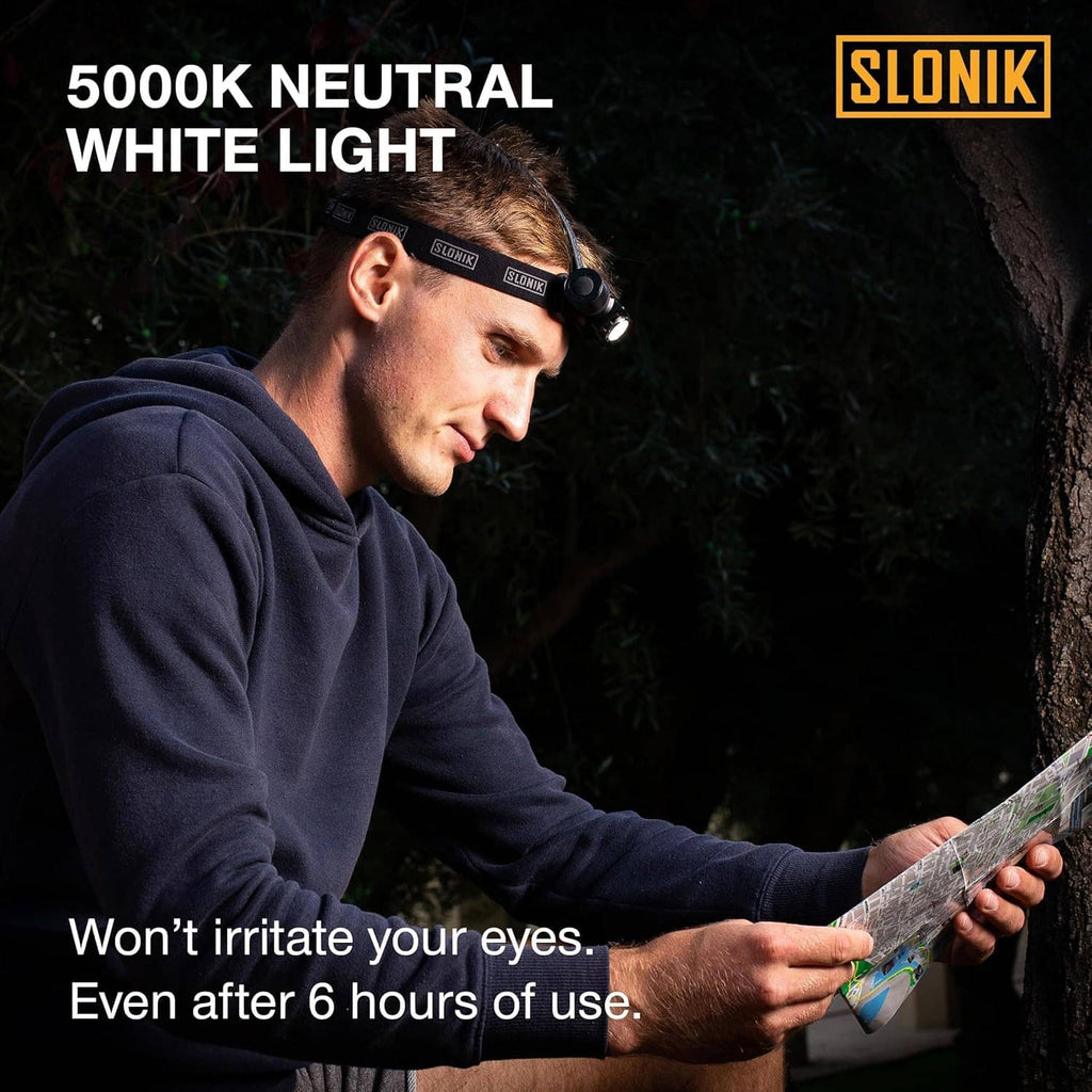 Black rechargeable headlamp on forehead with dual bright LED lights