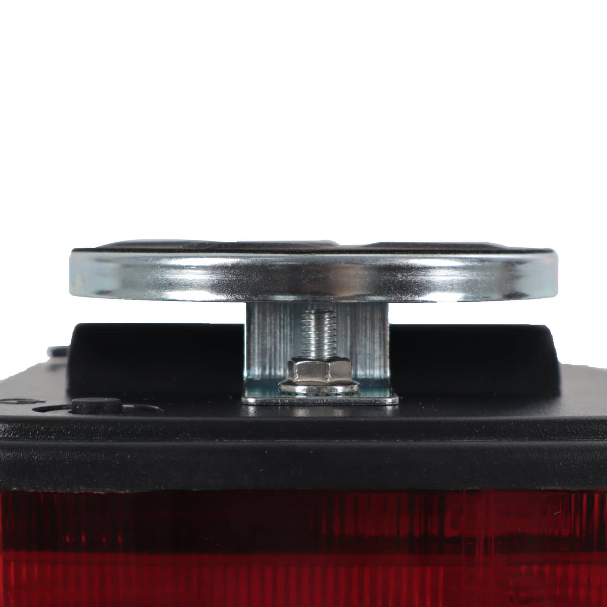 Magnetic trailer tail light with metal mounting post and red lens bottom