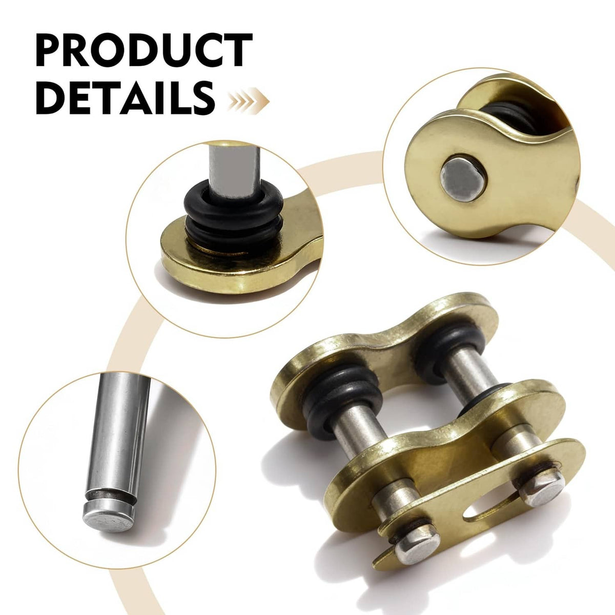 Gold 428 chain master link close-up with pins and black rubber bushings