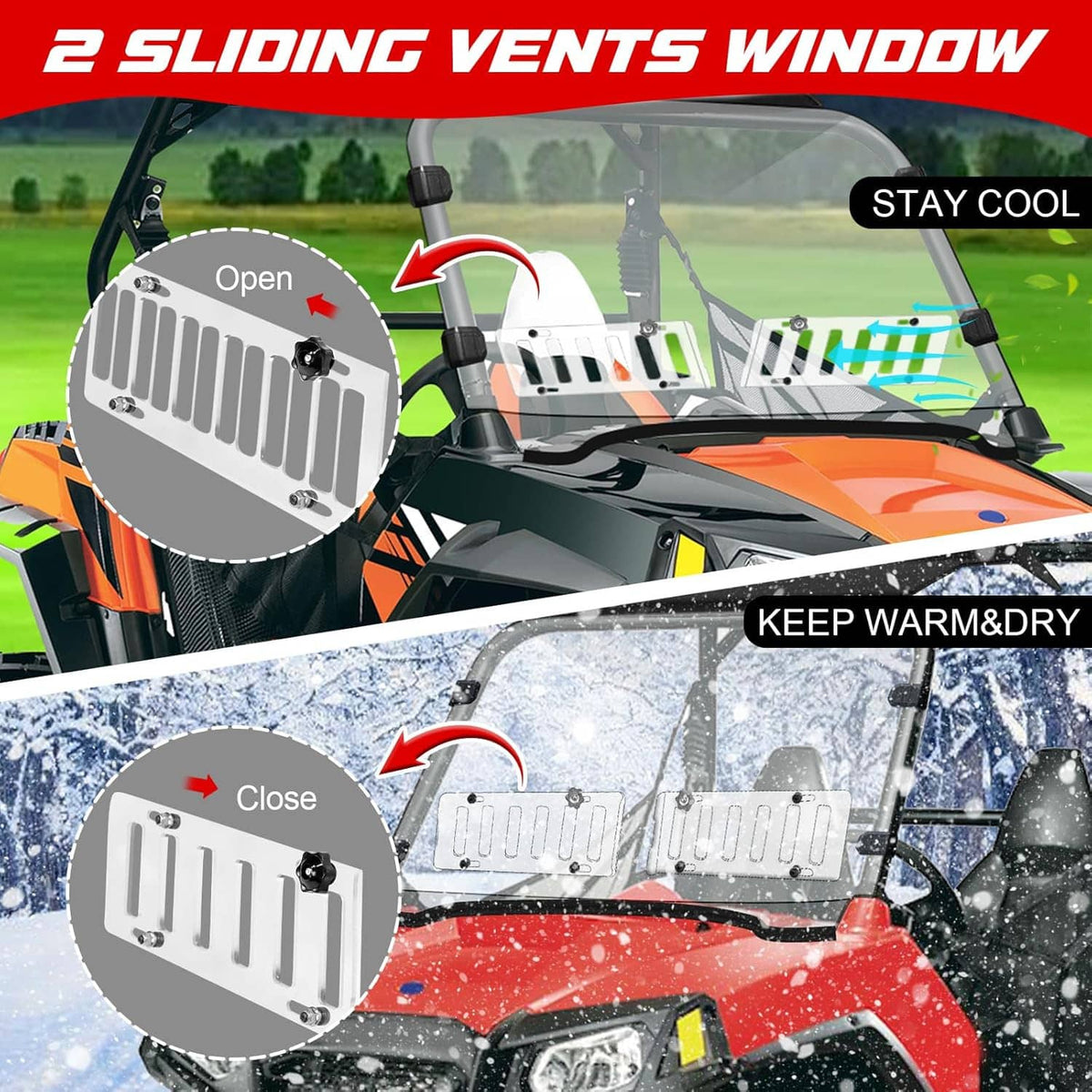 Vented UTV windshield with two sliding air vents, open and closed views