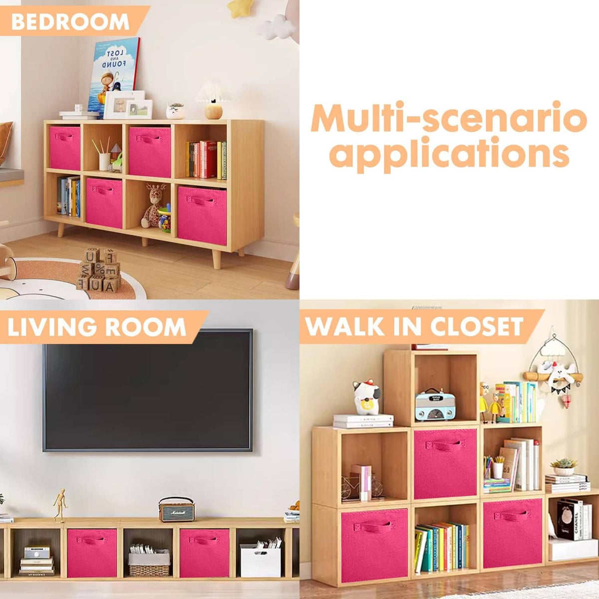 Fuchsia fabric storage cube bins on shelves for room organization