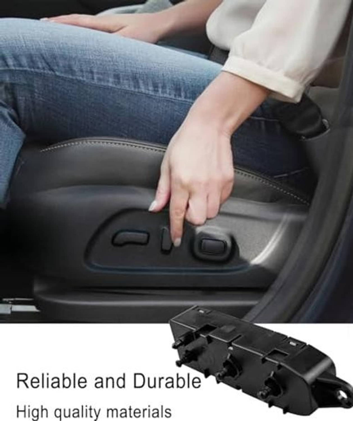 Power seat control switch on leather seat armrest with thumb control