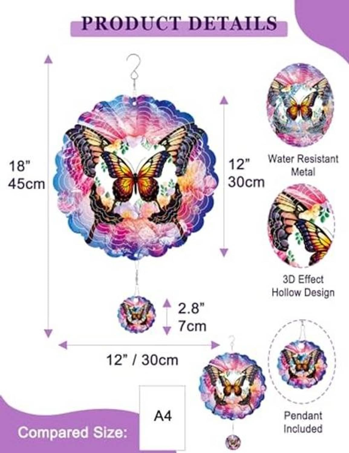 Butterfly wind spinner with hanging metal pendant, 3D hollow layered design