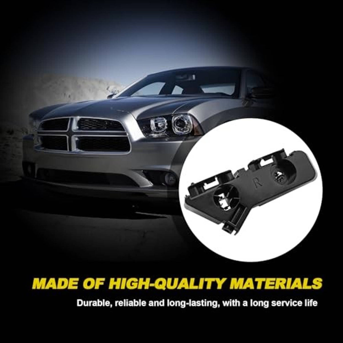 Front bumper bracket insert, black left/right piece shown in close-up.