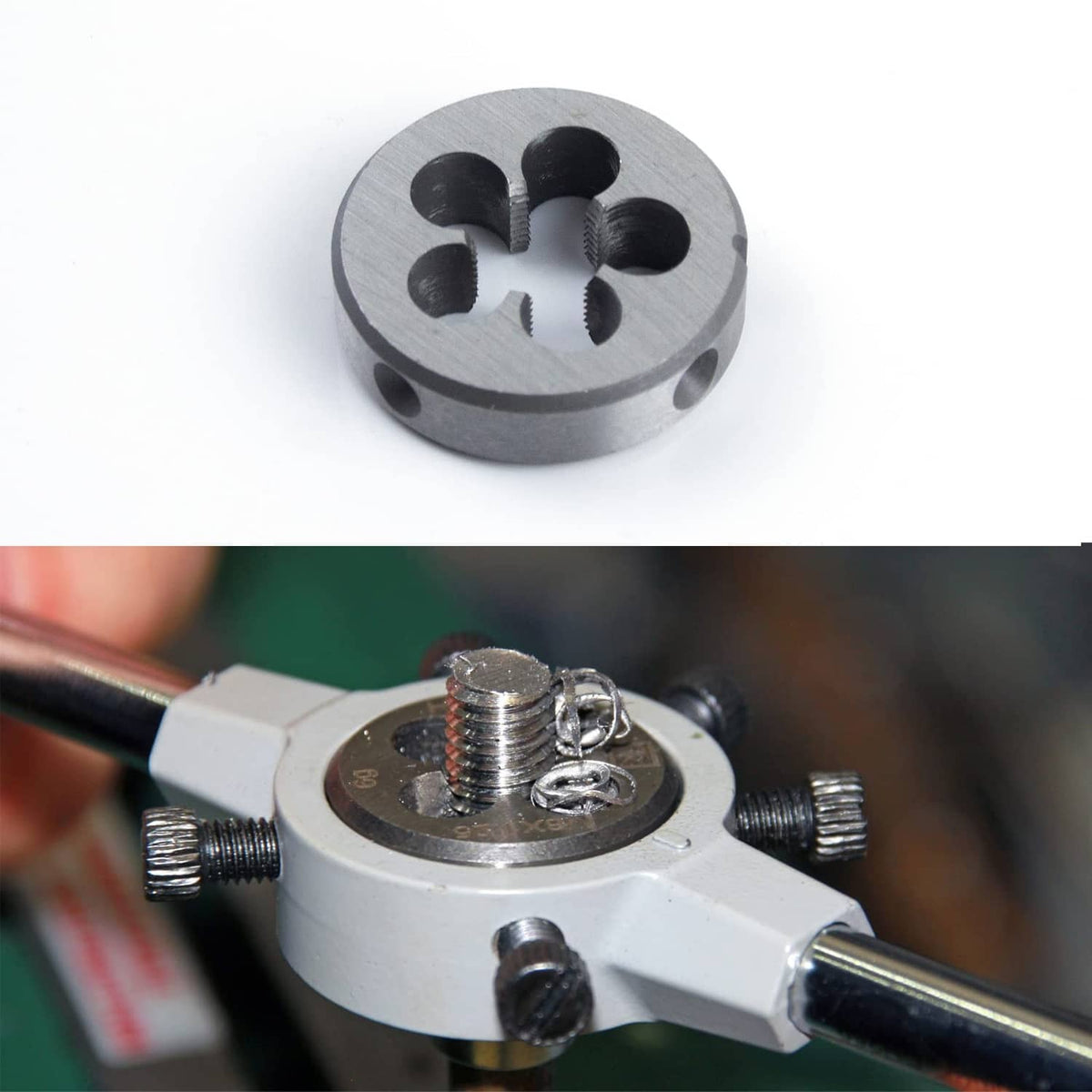 Single round right-hand thread die with four cutting openings, silver metal