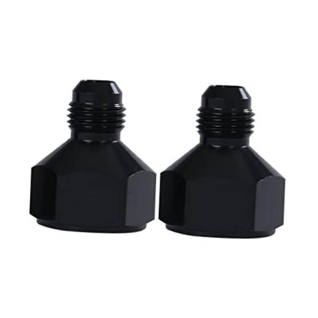 Pair of black AN flare reducer hose fitting adapters with external threads and hex base