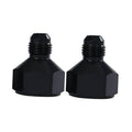 Pair of black AN flare reducer hose fitting adapters with external threads and hex base