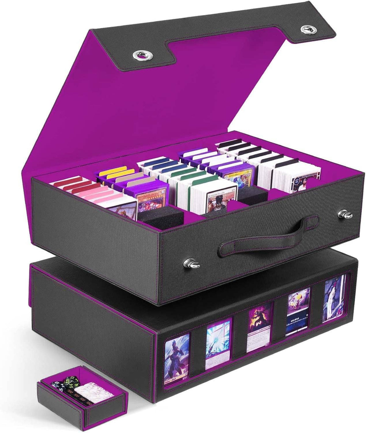 Open card storage box with handle; 5-row slots visible, purple interior and dark gray
