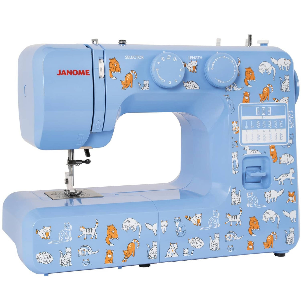 Blue Janome sewing machine, angled view with cat decals and top control dials