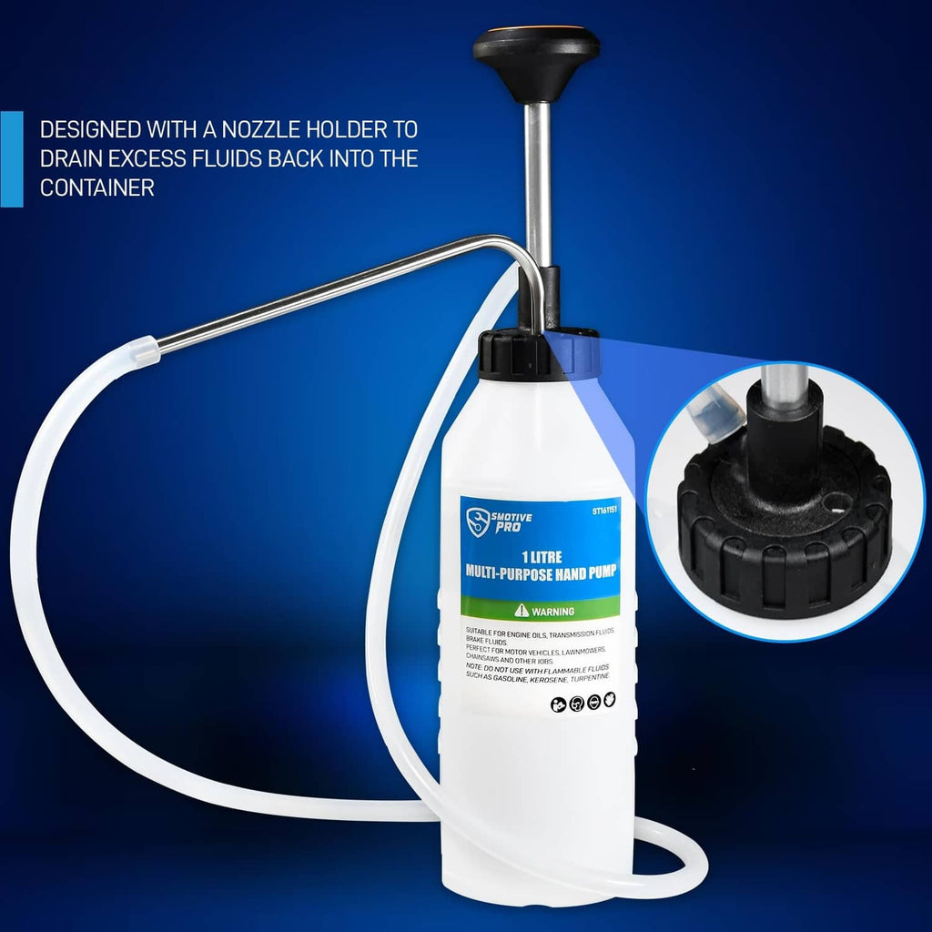 Hand fluid pump with nozzle holder, white container, and connected hoses, black cap