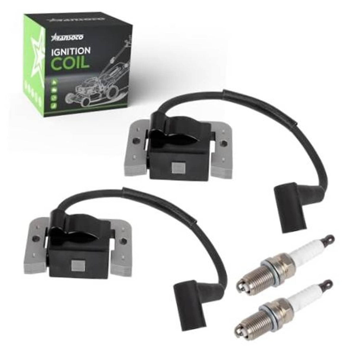 Ignition coil module with two spark plug leads and wire harness, black and silver