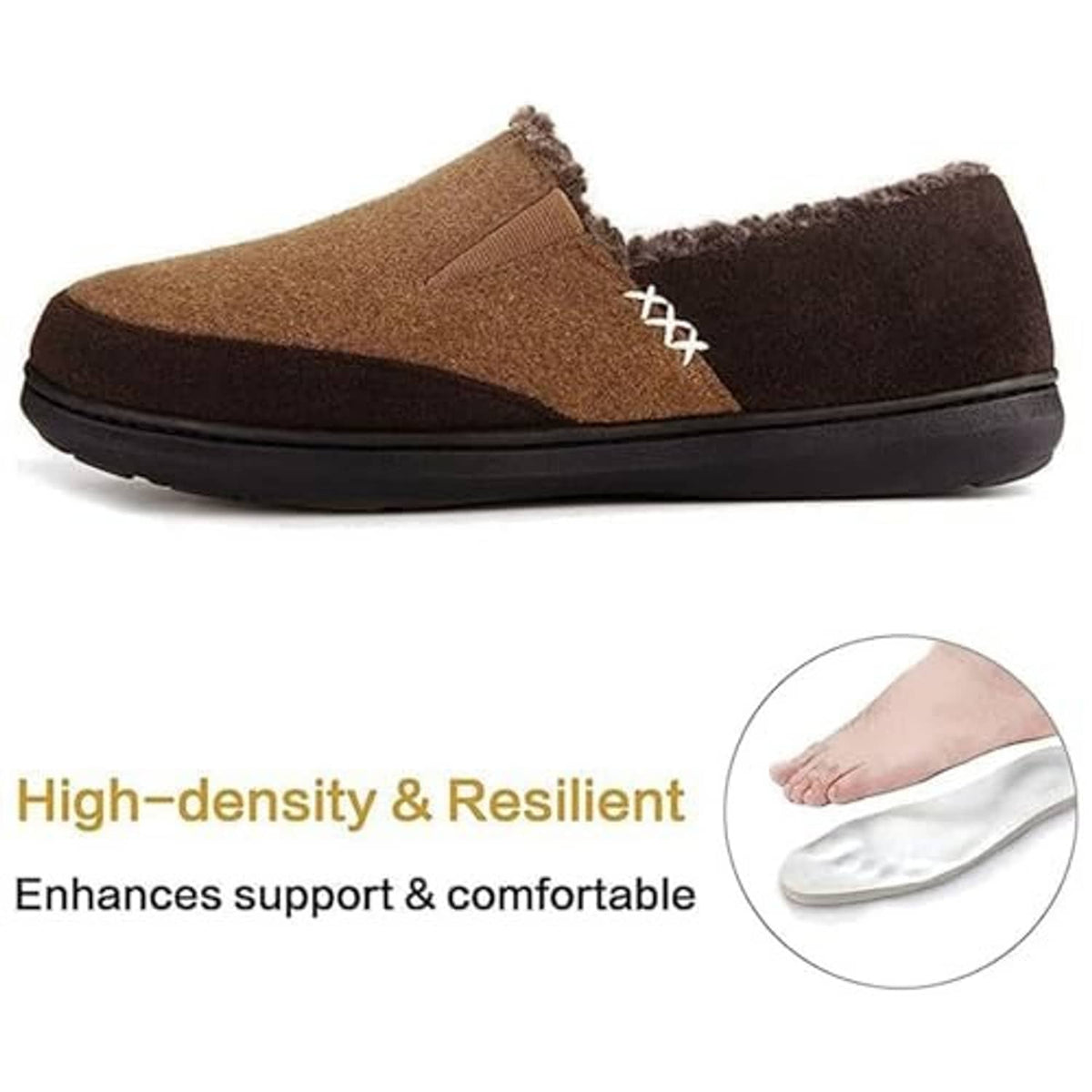 Coffee-brown suede-style slipper with dark faux-fur lining and side logo