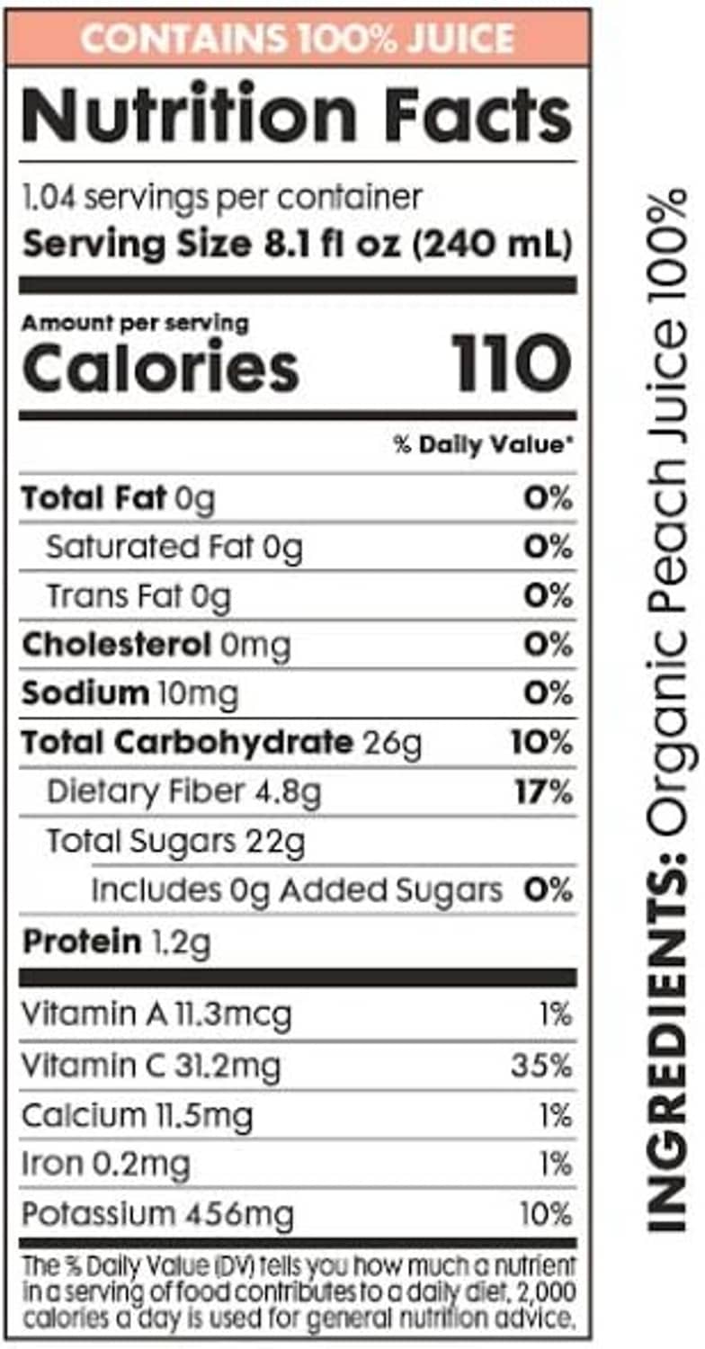 Nutrition Facts label for organic peach juice, 1.04 servings per container