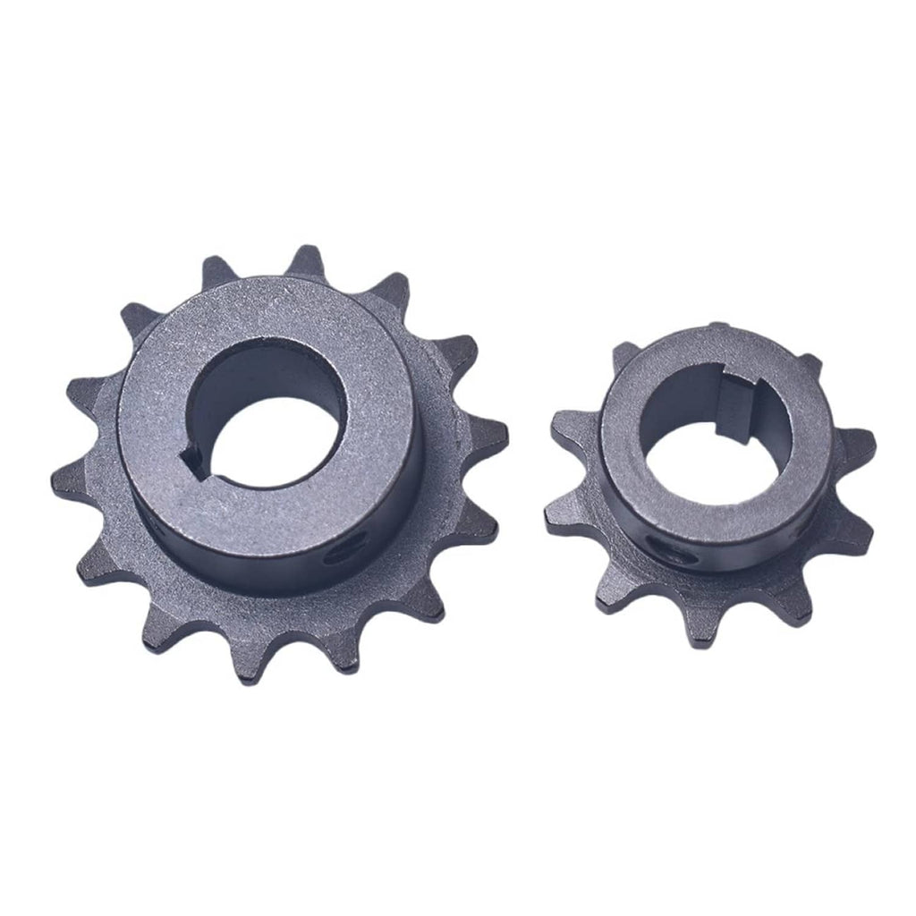 Pair of gray chain sprockets with central bore and 14 teeth