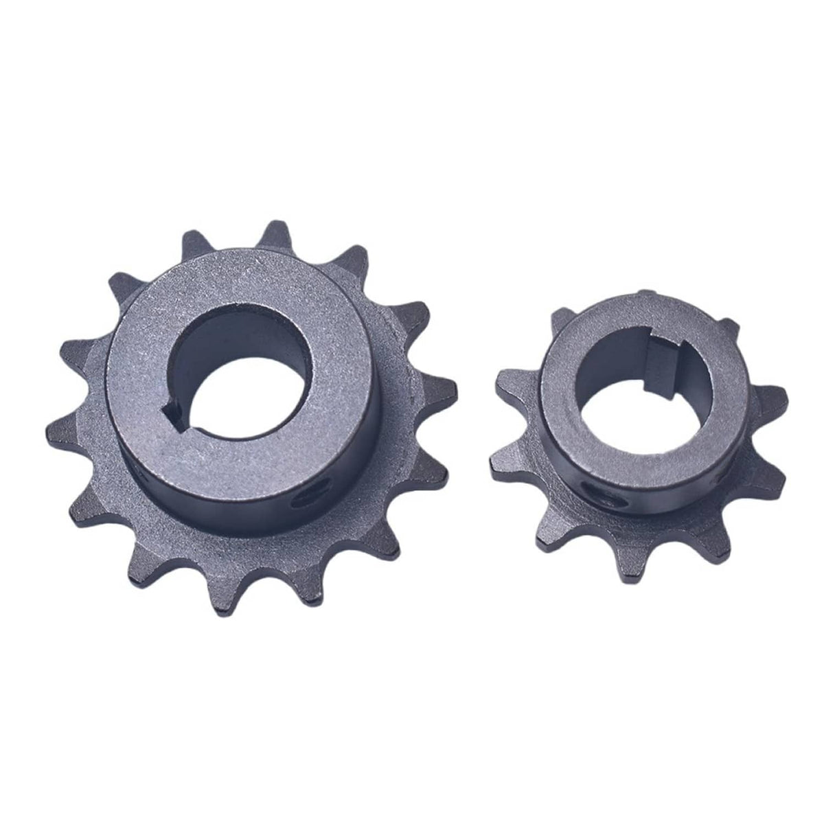 Pair of gray chain sprockets with central bore and 14 teeth