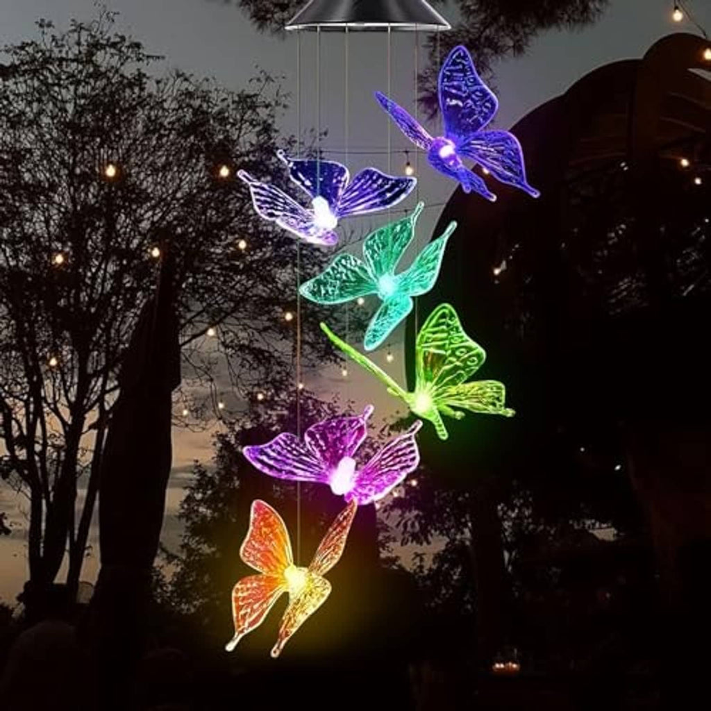 Solar butterfly wind chimes with colorful LED butterflies hanging from solar top