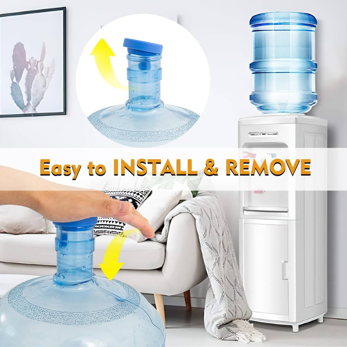 Blue water jug cap installed on top of a large water jug