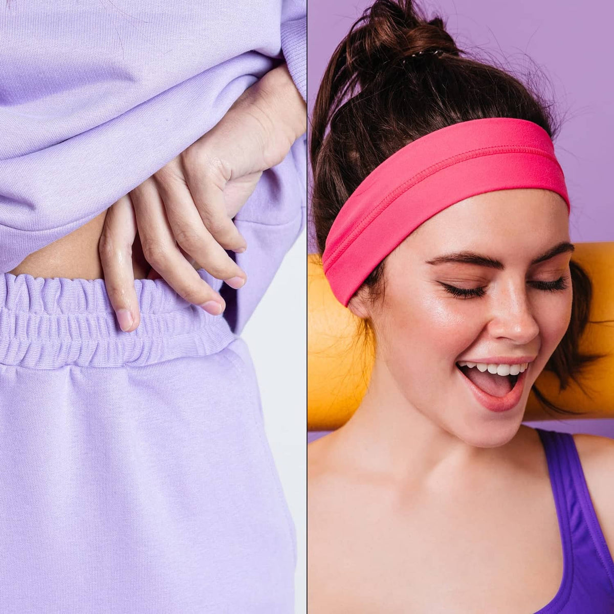 Elastic headband worn by model and elastic gathered fabric on clothing