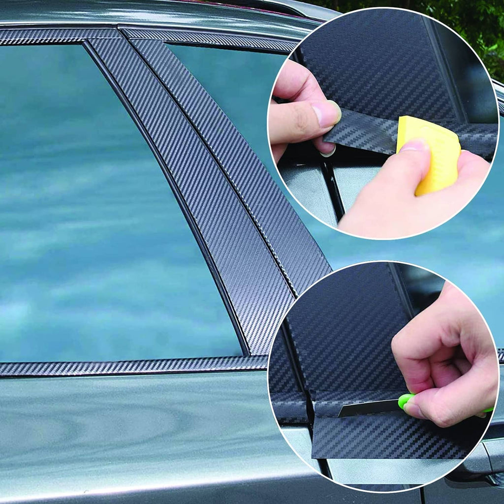 Carbon fiber vinyl wrap being applied to car trim edge with yellow squeegee