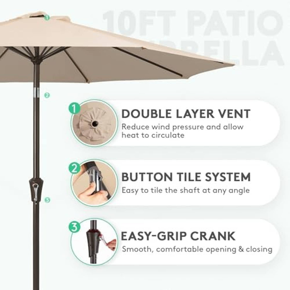 Beige patio umbrella pole with visible crank and button control detail under canopy