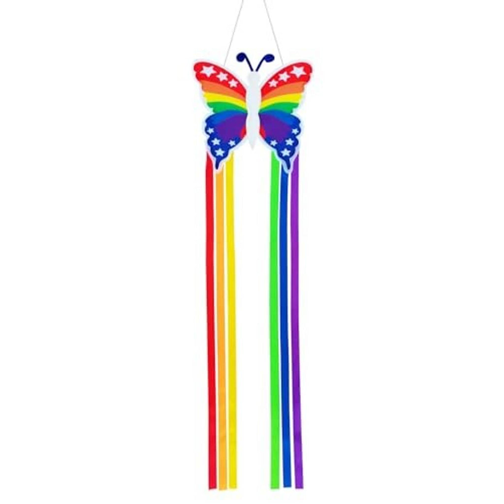 Butterfly windsock with rainbow vertical ribbon tails and star-spangled wing shape