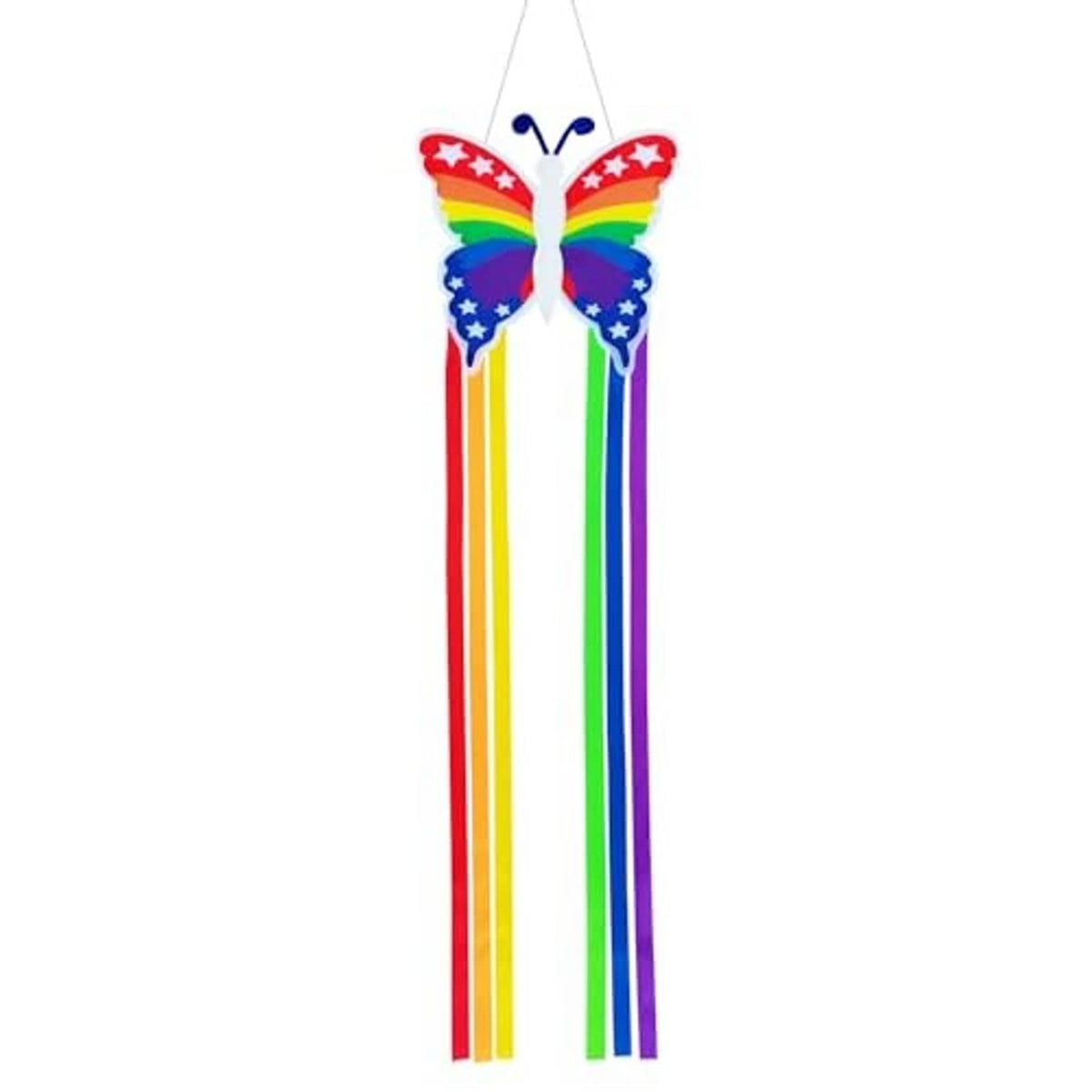 Butterfly windsock with rainbow vertical ribbon tails and star-spangled wing shape