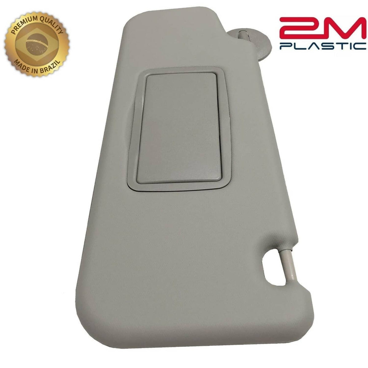 Gray sun visor panel with rectangular mirror window and mounting arm, PM Plastic