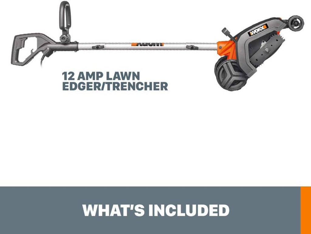 Corded electric lawn edger/trencher with loop handle and orange motor housing