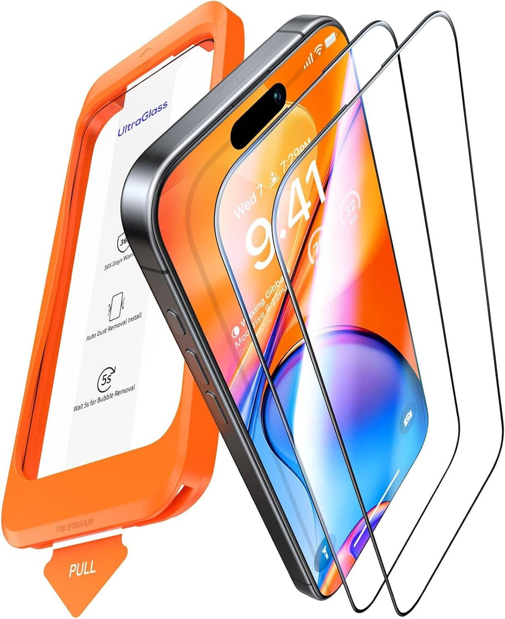 UltraGlass clear 9H+ glass screen protector for iPhone 16 Pro, with orange installation frame