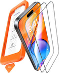 UltraGlass clear 9H+ glass screen protector for iPhone 16 Pro, with orange installation frame