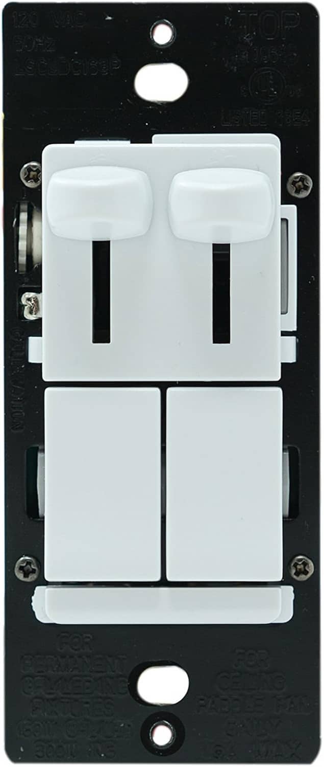 Close-up of white double rocker dimmer switch with four buttons on black wall plate