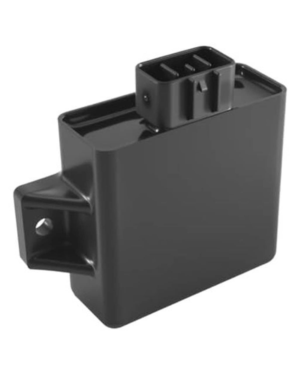 Black CDI ignition module with left mounting bracket and top terminal slots