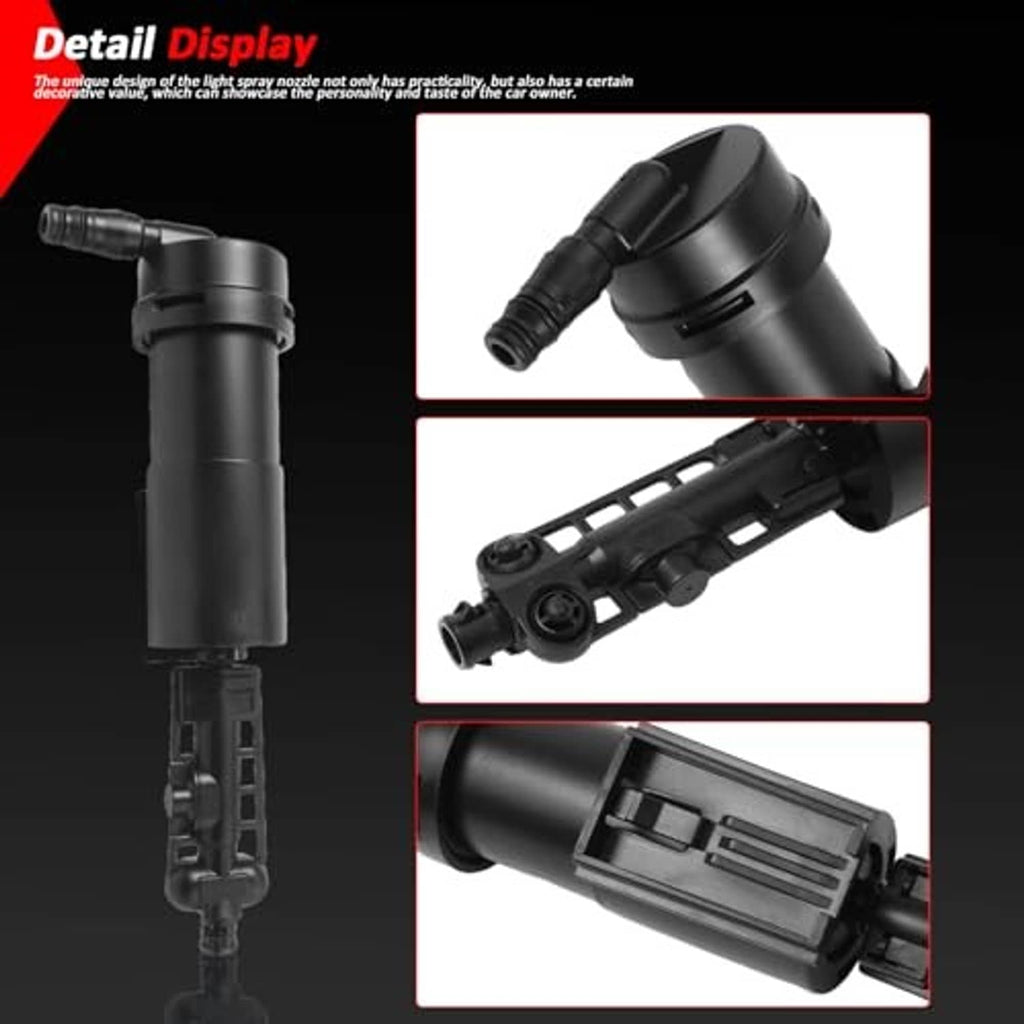 Close-up views of black headlight washer jet nozzle and outlet connection parts