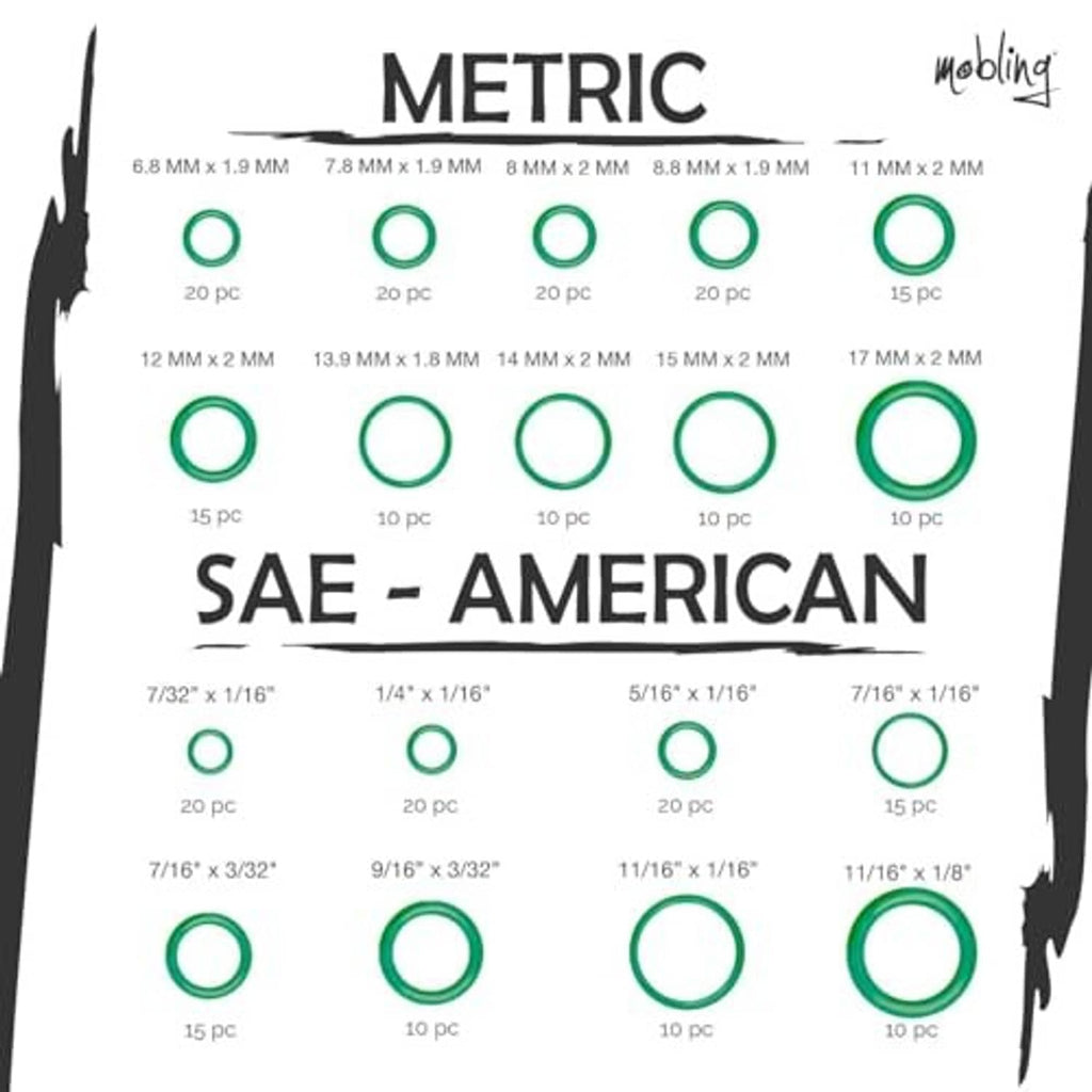 Metric and SAE valve core size chart with green O-ring seals for A/C kits