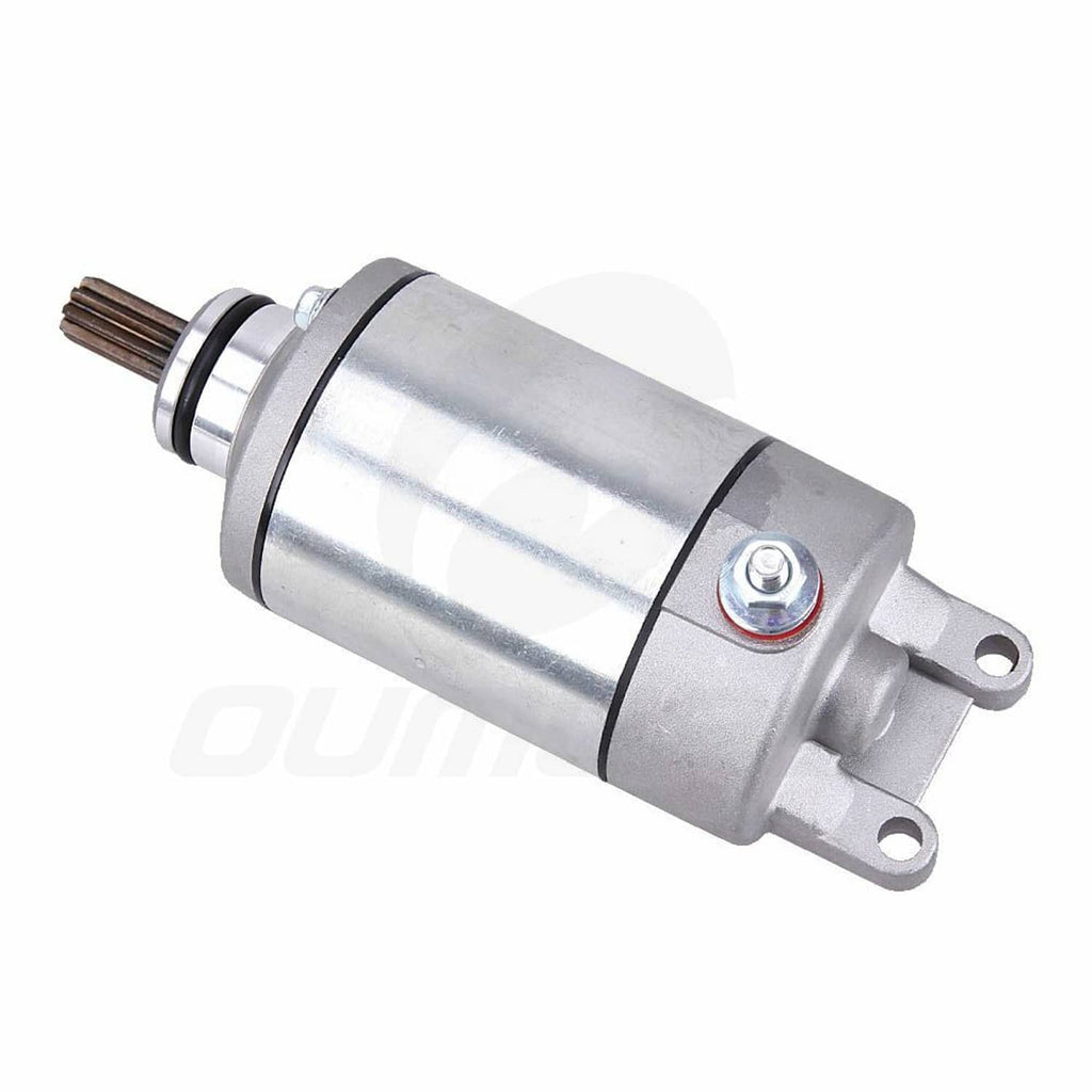 Starter motor with silver metal body, black band, and twin side mounting ears