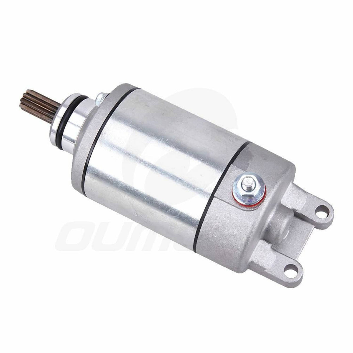 Starter motor with silver metal body, black band, and twin side mounting ears