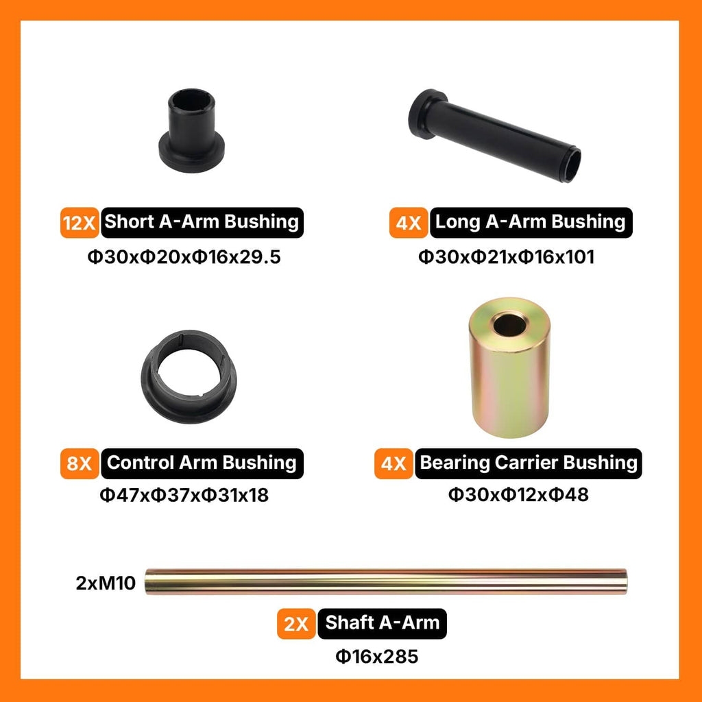 A-arm bushing set with black bushings, iridescent sleeve bushings, and metal shafts